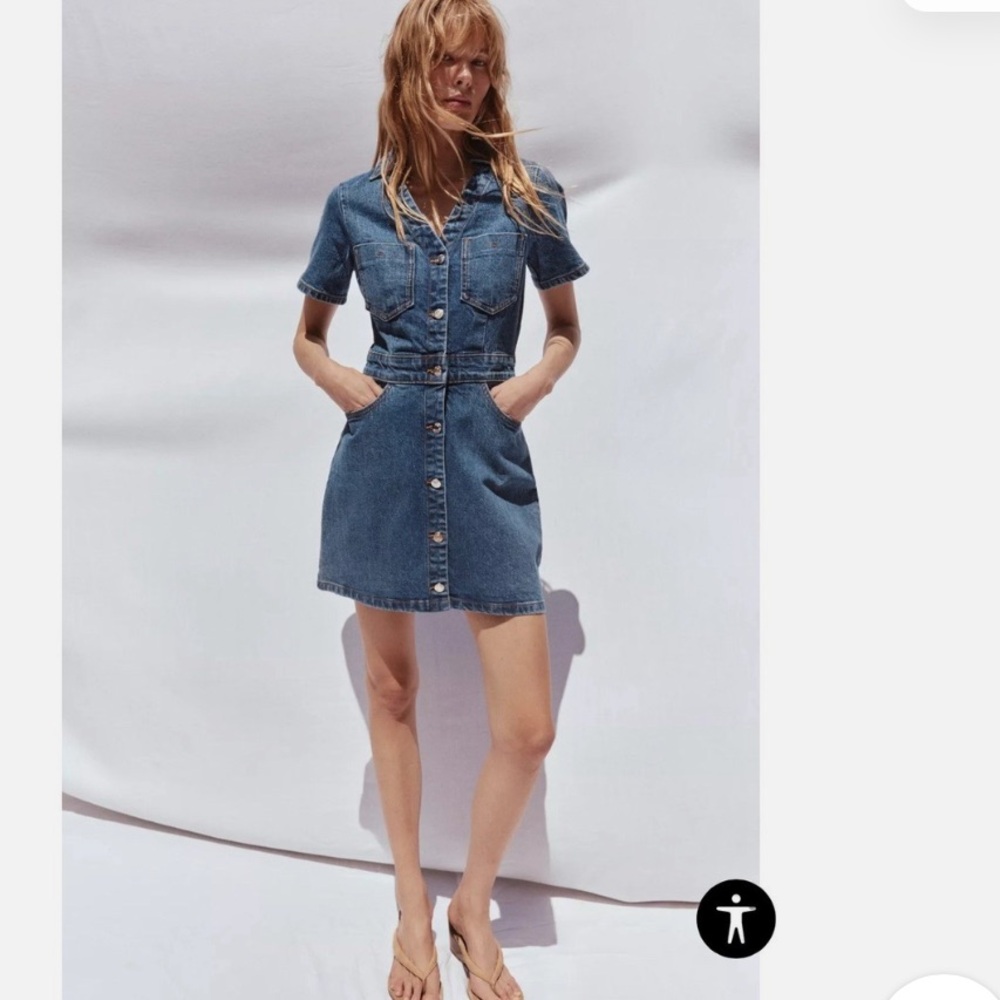 NWT Zara Blue Denim Short-Sleeve Button-Front Mini Dress